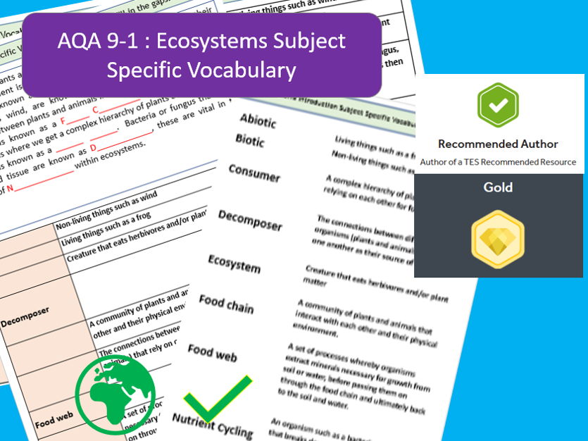 AQA Subject specific vocabulary- Ecosystems Introduction , Literacy Activity Sheets