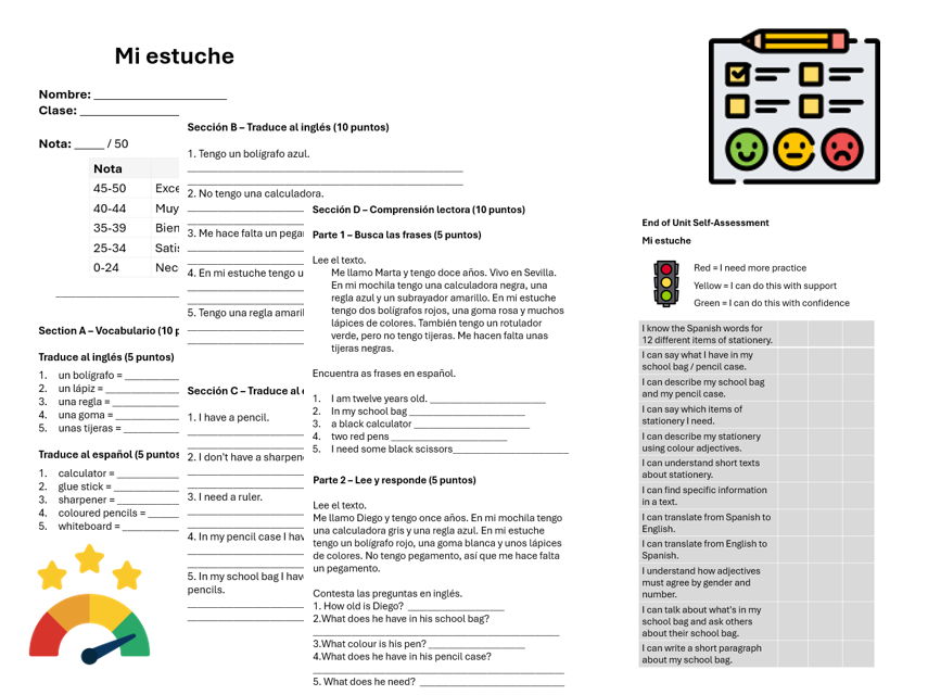 Pencil Case (Spanish) – Assessment, Mark Scheme & Self Assessment