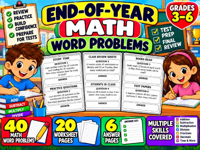 End-of-Year Math Review | 40 Word Problems with Answer Key