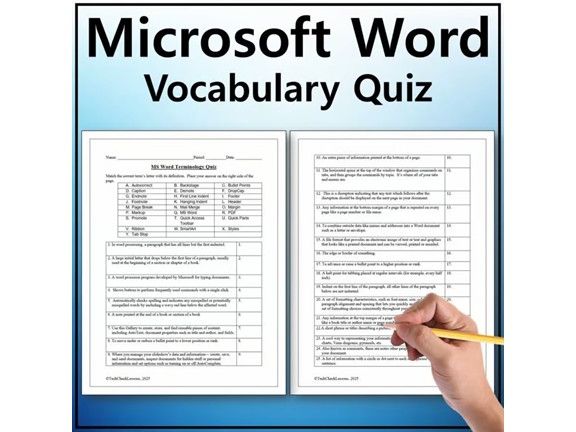 Vocabulary Quiz and Word List for Teaching Microsoft Word