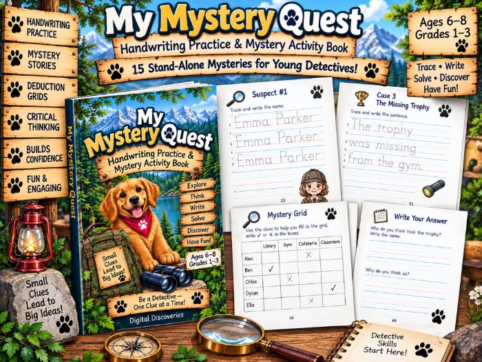 My Mystery Quest Handwriting Practice & Mystery Activity Book – 15 Stand-Alone Mysteries for Ages 6–