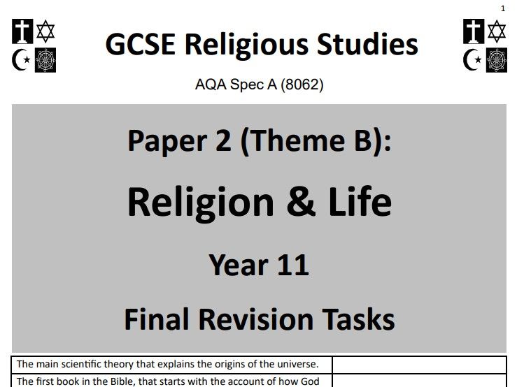 Religion & Life (Theme B: AQA GCSE Religious Studies) - student revision activities booklet