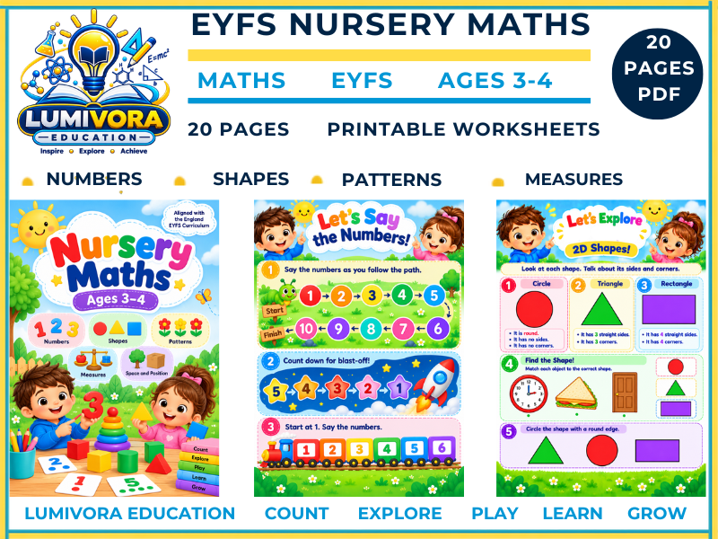 EYFS Nursery Maths Worksheets Ages 3-4 | Numbers, Counting, Shapes, Patterns & Measures