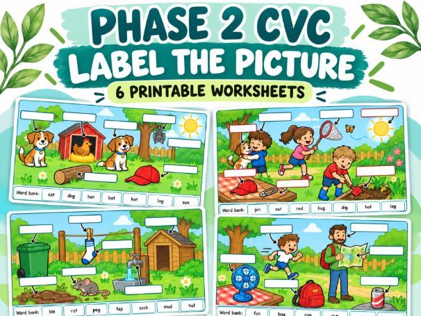 Phase 2 CVC Label the Picture Worksheets – Phonics and Early Writing