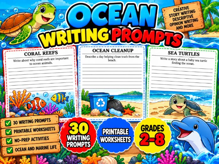 Ocean Writing Prompts | 30 Printable Creative Writing Worksheets