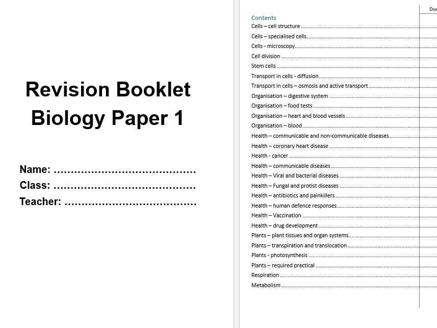 AQA combined science GCSE biology paper 1 revision booklet