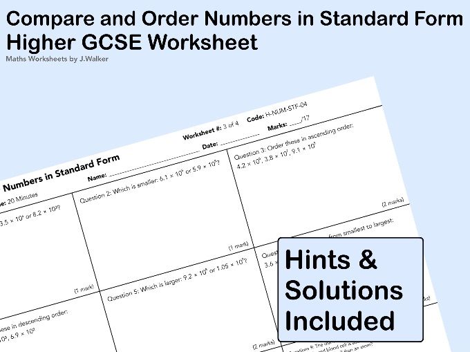 GCSE Maths Worksheet: Compare and Order Numbers in Standard Form - Higher Tier