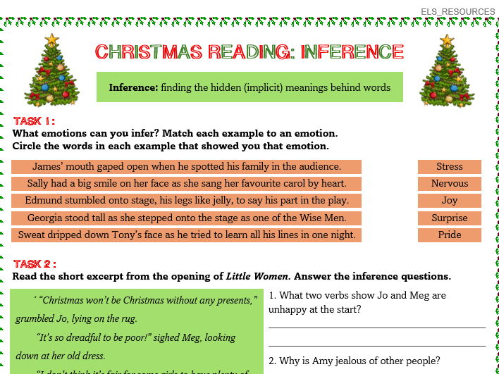 FREE Christmas English Reading Skills Inference Worksheet