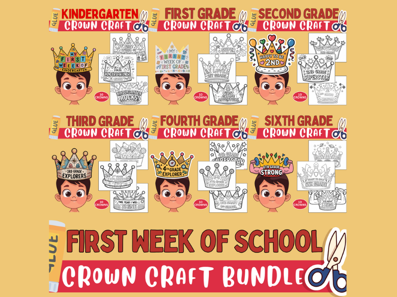 First Week of School Crown Craft Bundle – Kindergarten to 6th Grade No Prep Coloring Pages