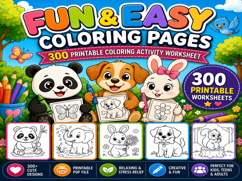 Fun & Easy Coloring Pages, 300 Printable Coloring Activity Worksheet