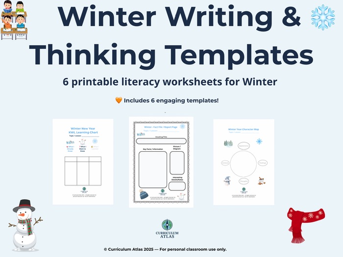 🩵 Winter Writing & Thinking Templates – Printable Literacy Worksheets for the Classroom