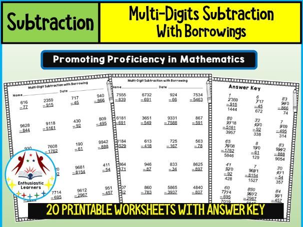 Multi-Digit Subtraction with Borrowing Worksheets – Practice Activity