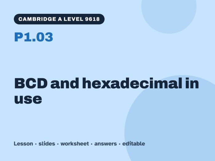Cambridge A Level Computer Science 9618 – P1.03 BCD and hexadecimal in use – Lesson & Worksheet