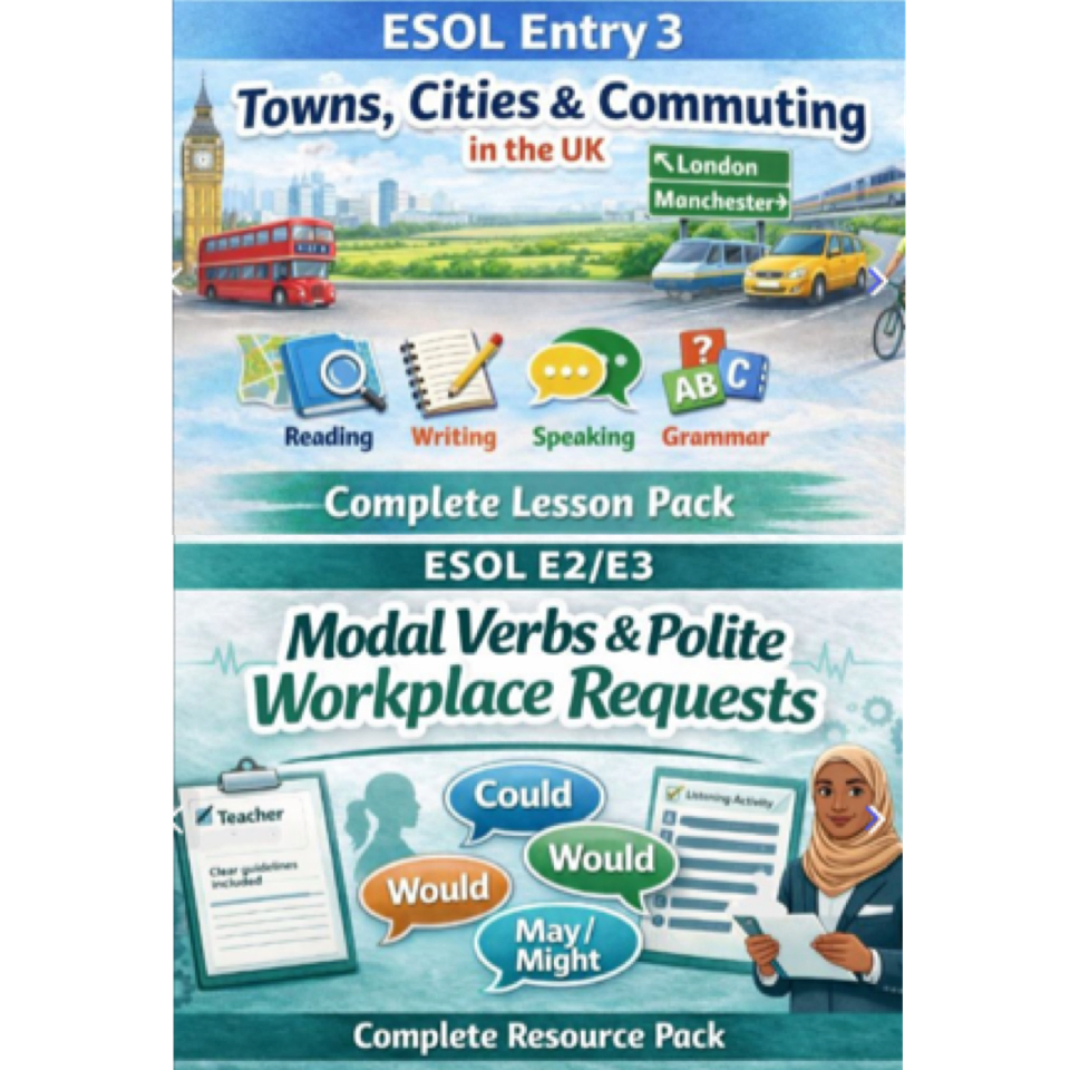 ESOL  E2–E3 Workplace English and UK Life Bundle | Modal Verbs, Commuting and Towns | Worksheets and Teacher Copies