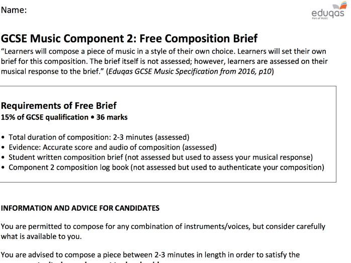 Eduqas GCSE Music: Free Composition Brief Worksheet