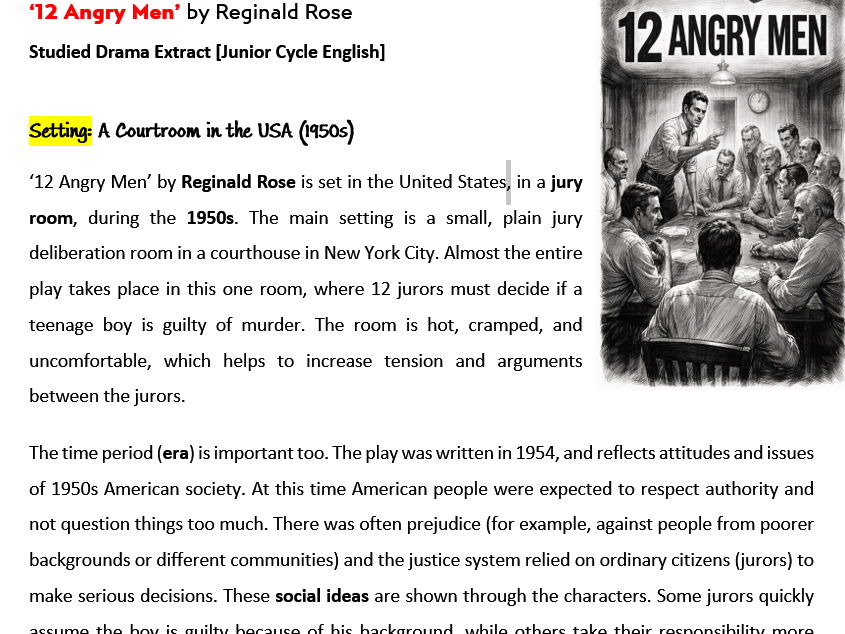 12 Angry Men Revision Pack , Junior Cycle English,  3rd Year, Exam Questions & Key Moments
