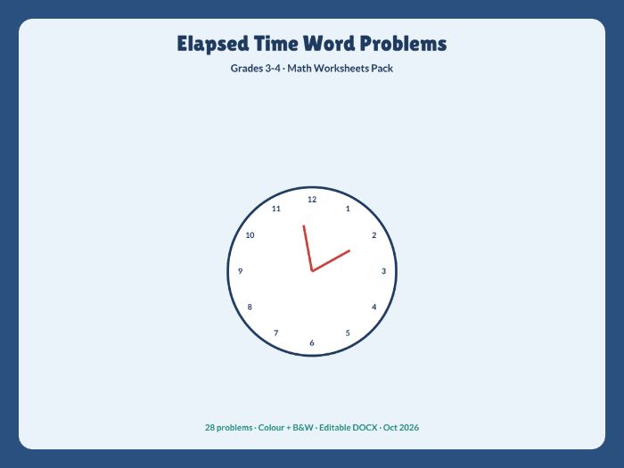 Elapsed time word problems Grades 3-4 maths worksheets pack