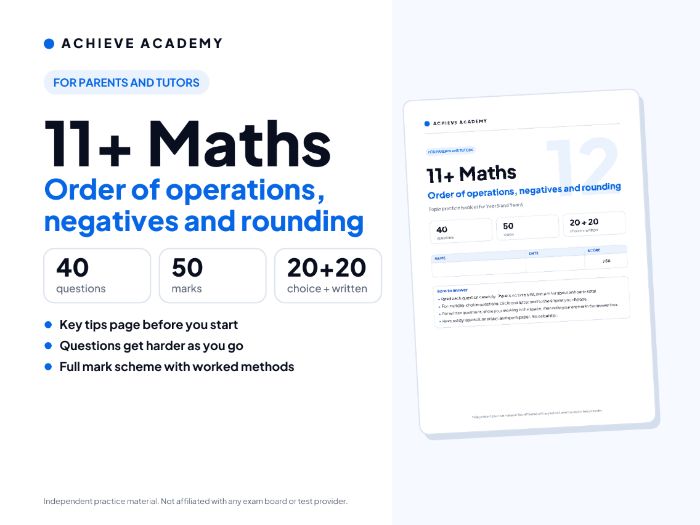 11+ Maths Topic Booklet: Order of operations, negatives/rounding – Year 5/6 Practice and Mark Scheme