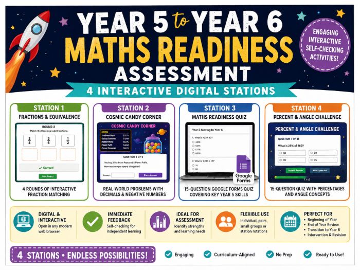 Year 5 to Year 6 Maths Readiness Assessment | 4 Interactive Digital Stations