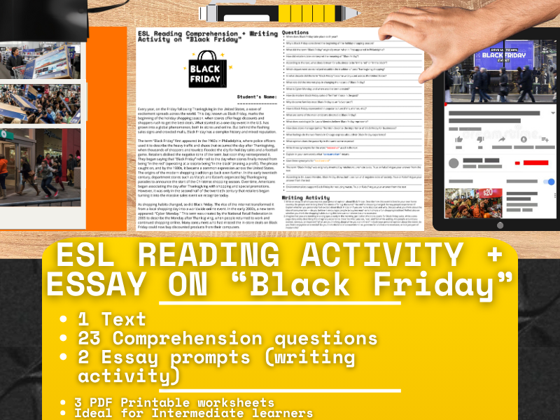 ESL Reading Comprehension + Writing Activity Worksheets on Black Friday