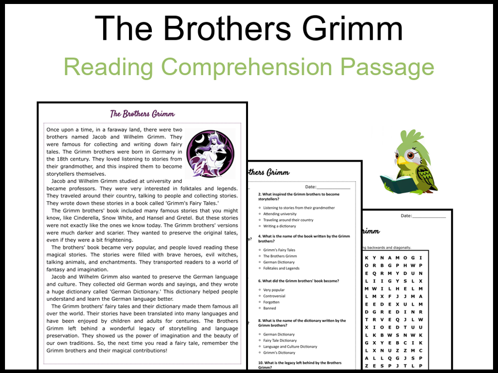 The Brothers Grimm Reading Comprehension and Word Search | Teaching ...