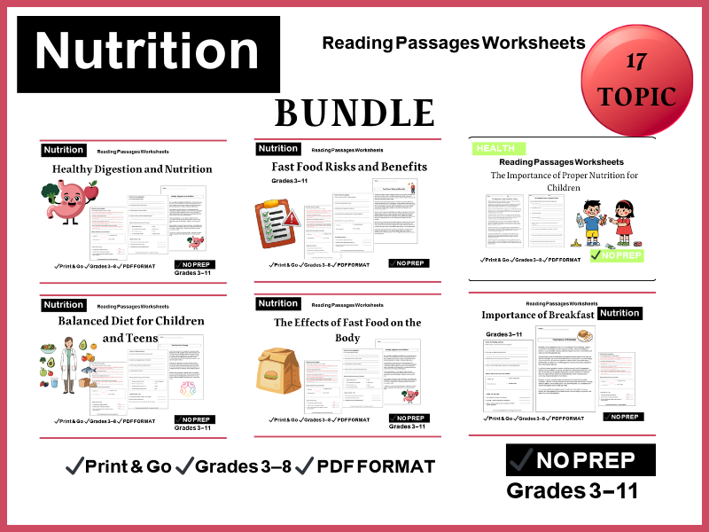Bundle: Nutrition Reading Comprehension Worksheets