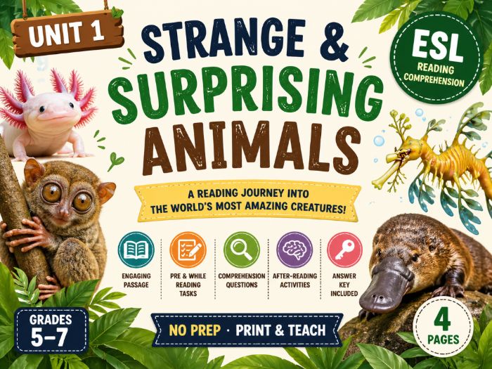 Strange Animals Reading Comprehension Worksheet | Surprising Animal Facts | ESL Grade 5–7 | No Prep