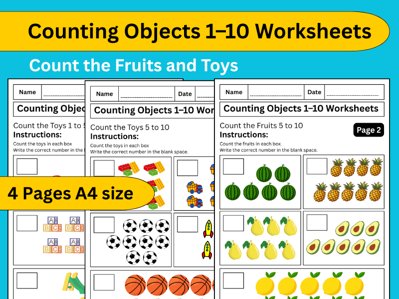 Counting Objects 1–10 Worksheets KS1 and kindergarten | Count the Fruits and Toys.