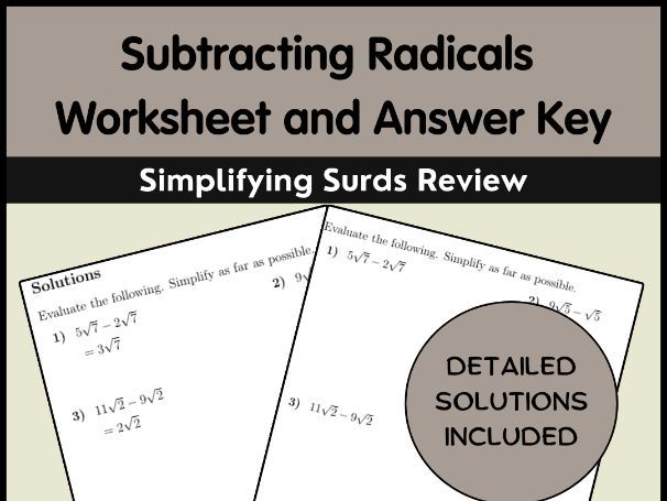 Subtracting Radicals Worksheet and Answer Key | Simplifying Surds Review