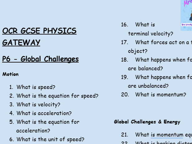 OCR GCSE Physics P6 Retrieval Practice – Low-Stakes Questions on Motion and Global Challenges
