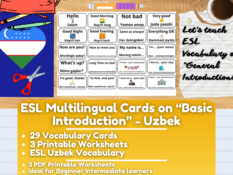 ESL Multilingual Vocabulary Flashcards on "General Introductions" - Uzbek
