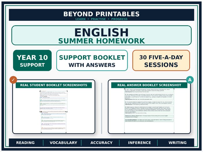 English Summer Homework Booklet Year 10 – Support | 30 Five-a-Day Sessions with Answers