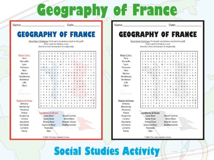 Geography of France Word Search Puzzle | French Word Search Puzzle Worksheet