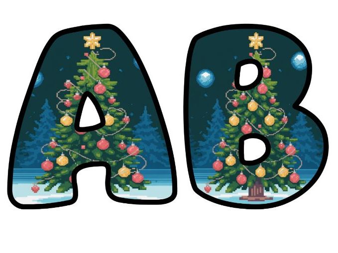 Retro 8-Bit Pixel Christmas Tree Alphabet Letters | Classroom Display, A-Z 0-9 and Signs