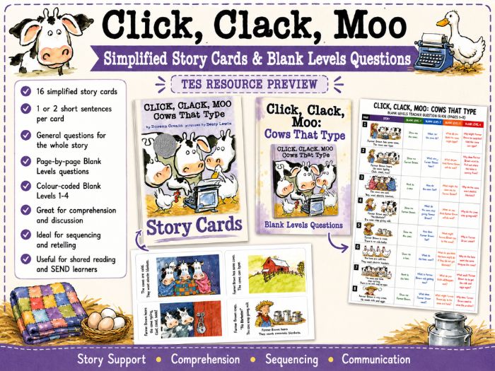Story cards & Blanks Levels: Click Clack Moo Cows That Type