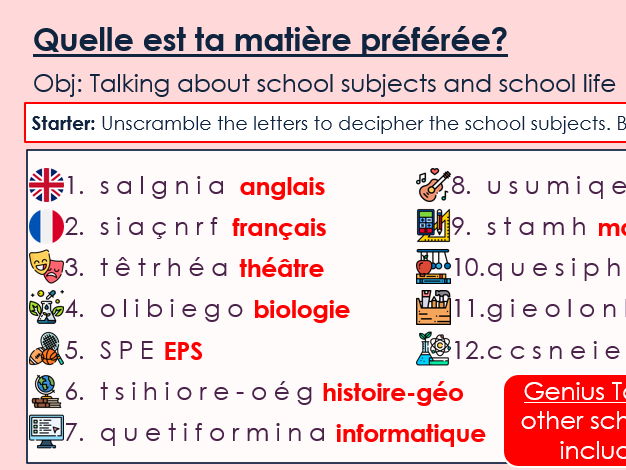 NEW 2026 GCSE French. Higher/ Rouge. Module 3. Unit 1. Quelle est ta matière préférée?