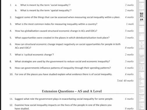 TOPIC TEST FOR OCR A LEVEL GEOGRAPHY - Changing spaces; making places