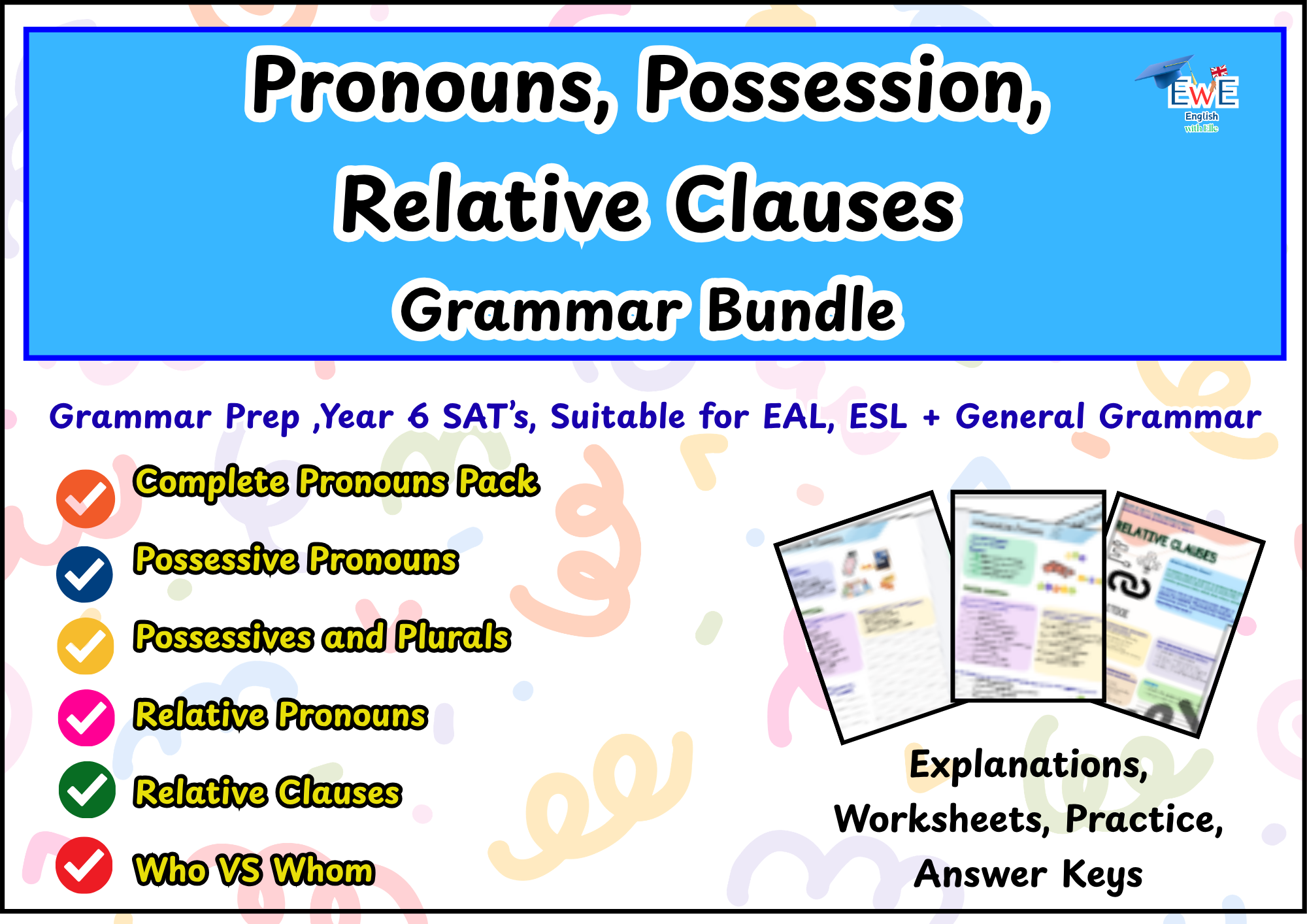 Pronouns & Possessives Grammar Worksheets Bundle – Relative Pronouns, Clauses & More