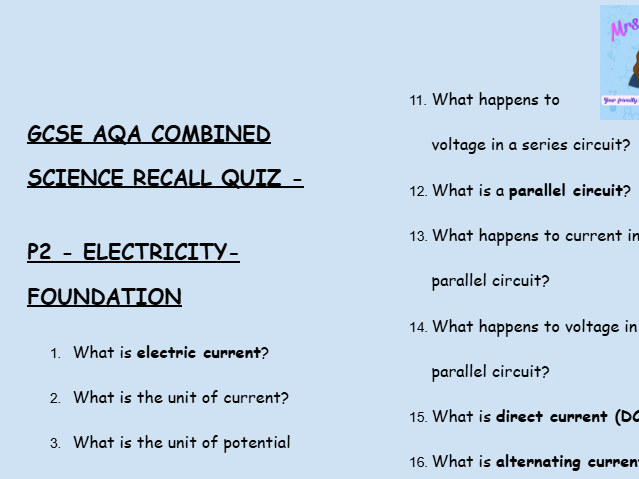 GCSE Physics P2 Electricity – 30 Foundation Retrieval Questions | AQA | Low-Stakes Quiz + Answers