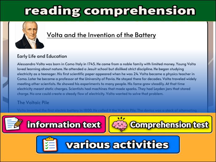 Volta and the Invention of the Battery- Reading Comprehension, Worksheet & Activities