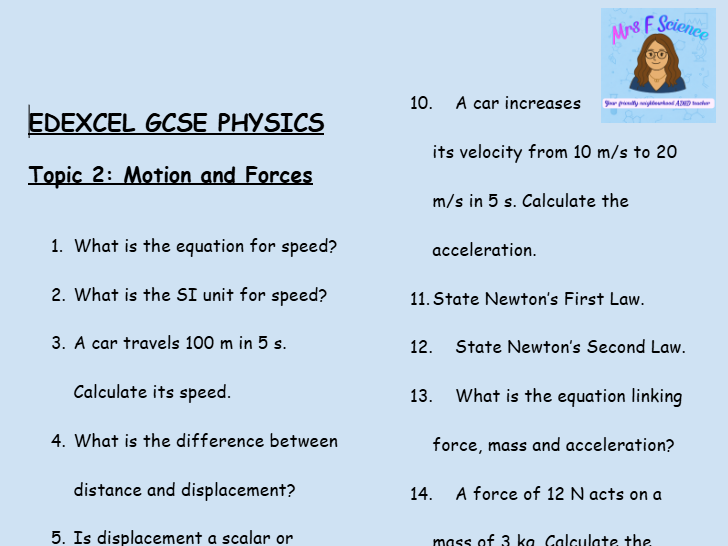 Movement and Forces – GCSE Physics Topic 2 Retrieval Questions | Edexcel