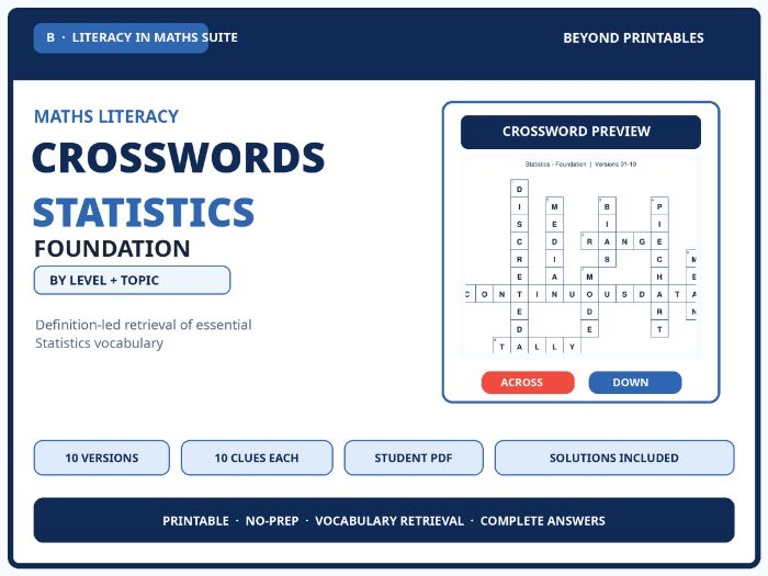 Foundation Statistics Maths Crosswords | 10 Vocabulary Puzzles with Solutions