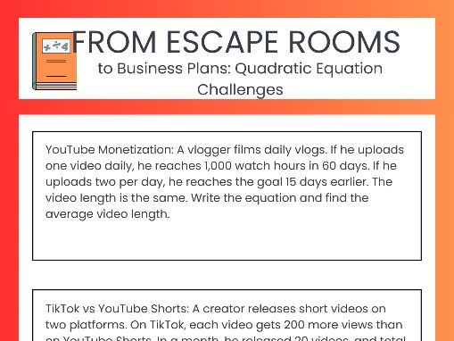 From Escape Rooms to Business Plans: Quadratic Equation Challenges