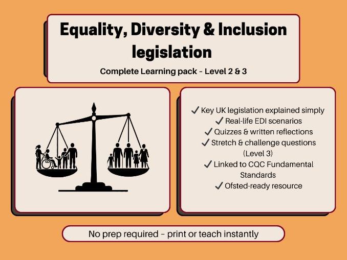 Equality, Diversity and Inclusion Legislation Pack – Health & Social Care Level 2 & 3 | Worksheets,