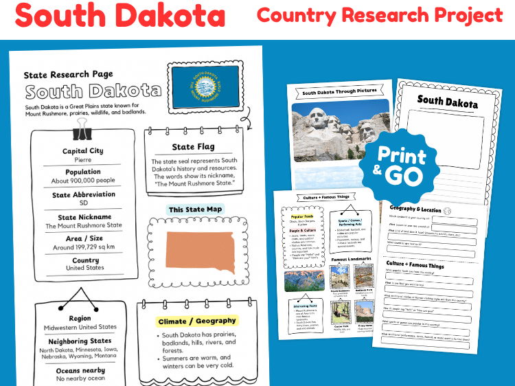 South Dakota State Research Project | US Geography & State Study Worksheets