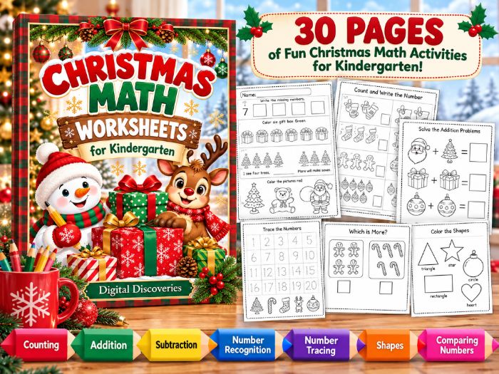 Christmas Math Worksheets for Kindergarten | Holiday Addition, Subtraction, Counting, Number Tracing