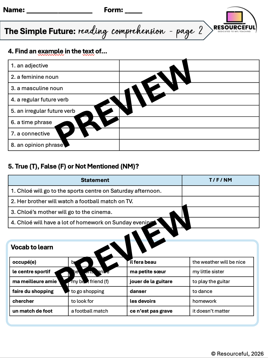 Simple Future Verb Example French Simple Future GCSE-style Reading Comprehension Worksheets (x2 ...