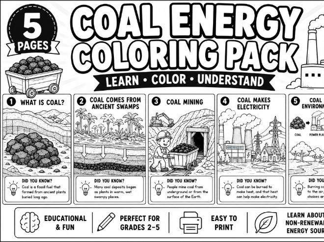 Coal Energy Coloring Pack | Non-Renewable Energy Worksheets for Kids