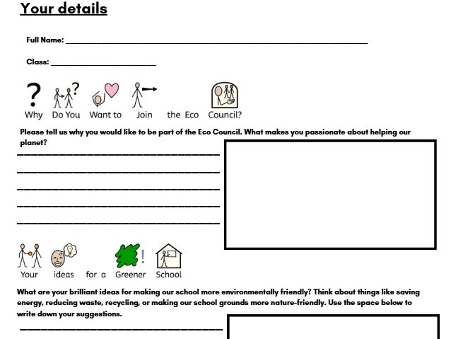 School council, Eco council, Head boy and Head girl forms, slips and posters