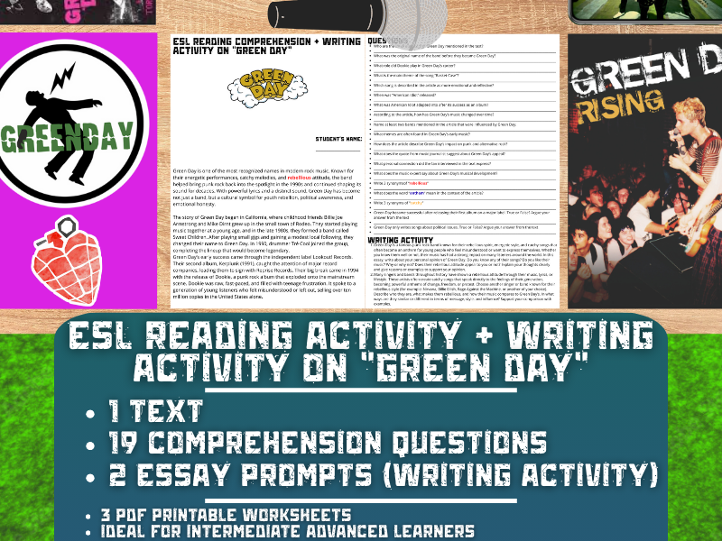 ESL Reading Comprehension + Writing Activity - Green Day - Punk Rock Band